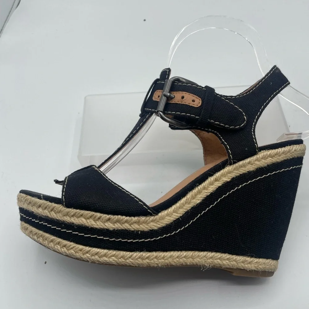 Franco Sarto Black Canvas Wedge Sandals, T strap, buckle side closure size 6.5
